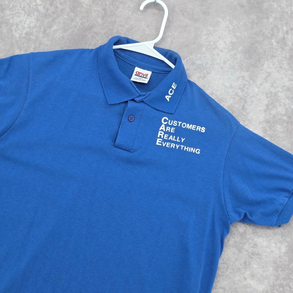 Vintage Anvil Ace Hardware CARE Polo Shirt Mens Medium Blue Made in USA Graphic